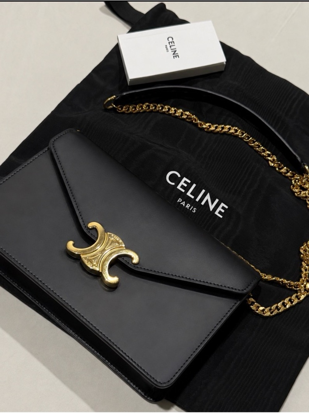 CELINE Margo Black Triomphe Leather Shoulder Bag with Gold Chain